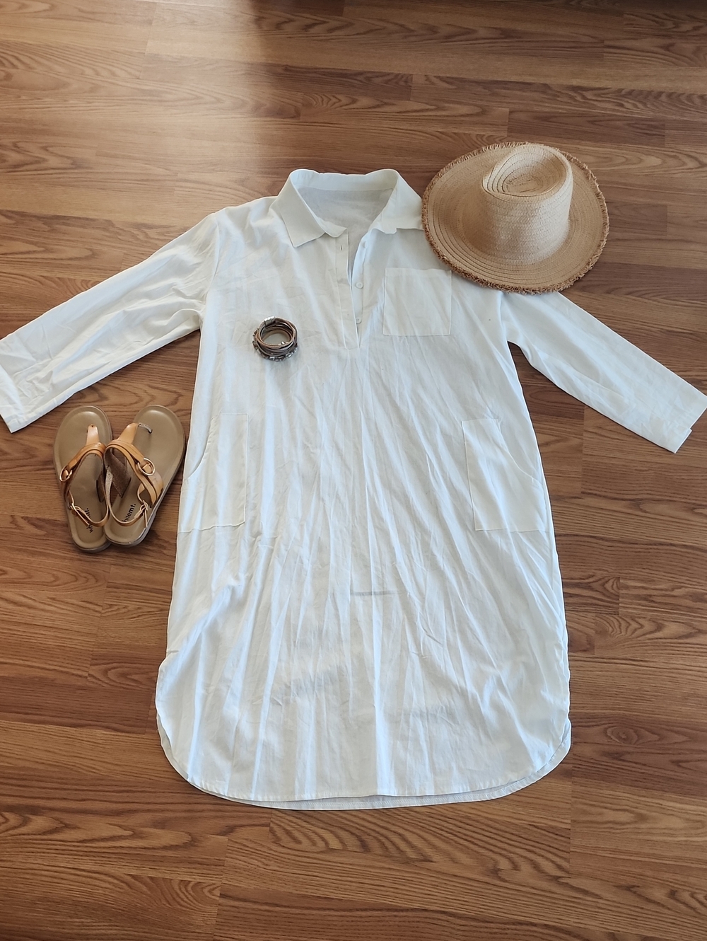 Women's White Long-Sleeve Collared Shirt Dress